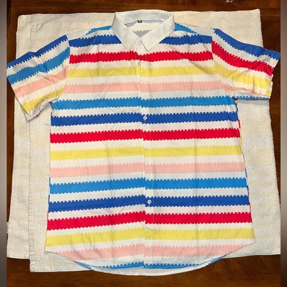 SHEIN Men’s XL Striped Short Sleeve Button Down Shirt - Picture 1 of 5